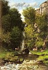 A Family of Deer in a Landscape with a Waterfall by Gustave Courbet